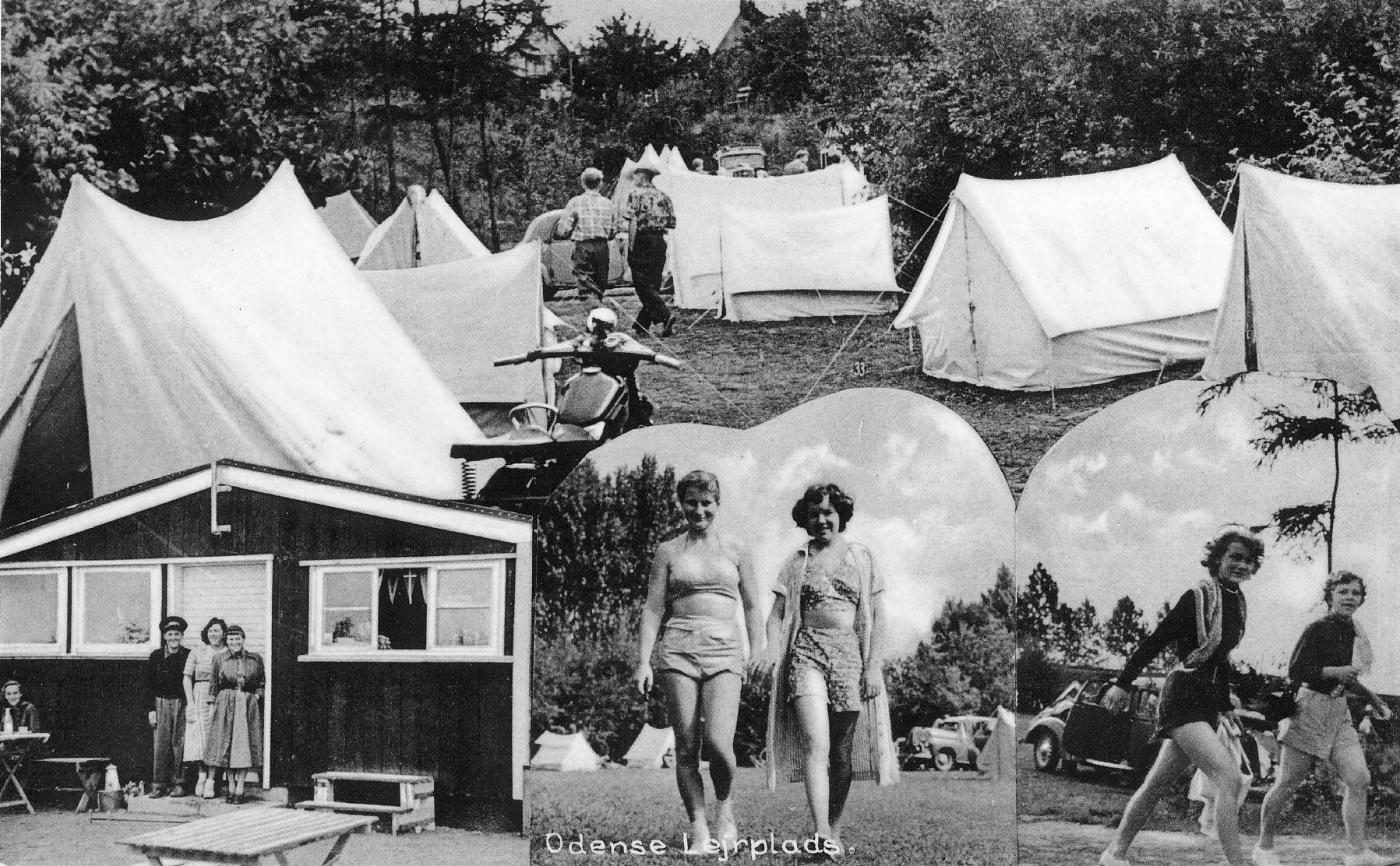 Postkort fra Odense Lejrplads fra dengang en campingplads stadig var en lejr med telte. Der var endnu ingen vogn, motorkøretøjerne havde til gengæld gjort deres indtog. Postkort fra 1940 // Odense Bys Museer